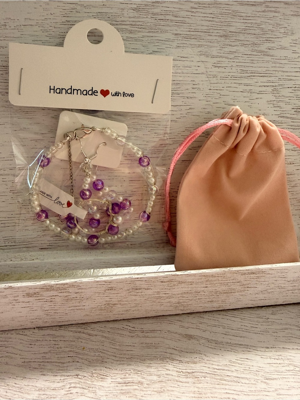 New Handmade Pearl & Purple Bead Bracelet Ring and Earrings Set -